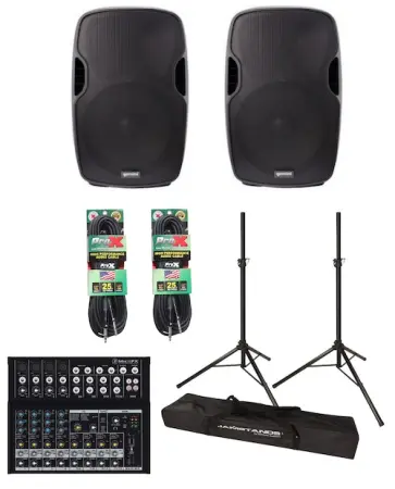 Gemini AS-15P 15” Powered Speaker Package w/ Mackie Mix12FX, Cables, & Stands