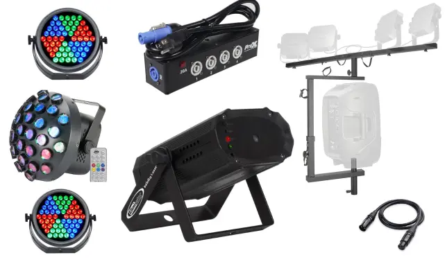 KPODJ Lighting Starter Pack II | T-Bar with Laser, Wash Lights, UV, Strobe, and Power Management